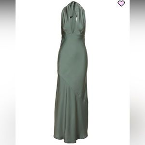 Sage Satin Halter Maxi Dress w/ Plunging Neckline